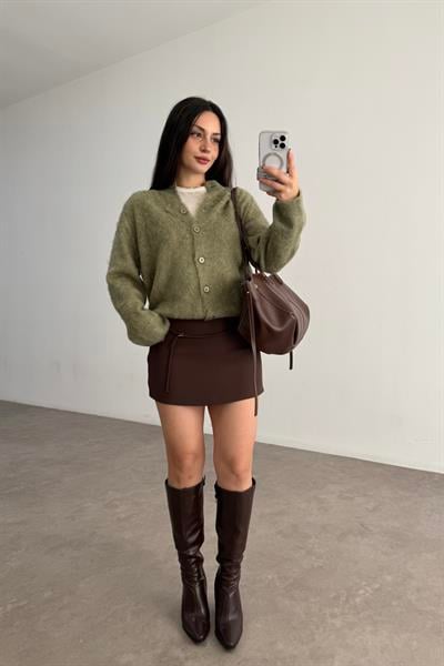 Premium Krep İçi Şortlu Yüksek Belli Kahve Etek