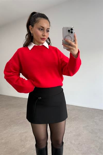 Zr Model Krep İçi Şortlu Yüksek Belli Siyah Etek