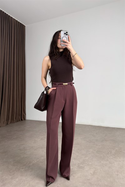 Premium Krep Kumaş Pensli Gül Kurusu Palazzo Pantolon