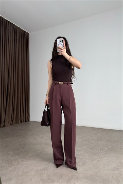 Premium Krep Kumaş Pensli Gül Kurusu Palazzo Pantolon