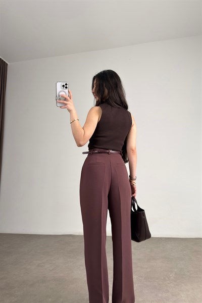 Premium Krep Kumaş Pensli Gül Kurusu Palazzo Pantolon