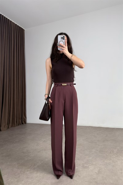 Premium Krep Kumaş Pensli Gül Kurusu Palazzo Pantolon