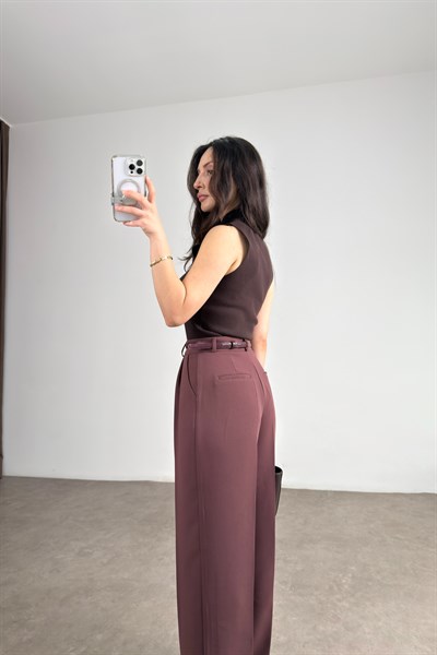 Premium Krep Kumaş Pensli Gül Kurusu Palazzo Pantolon