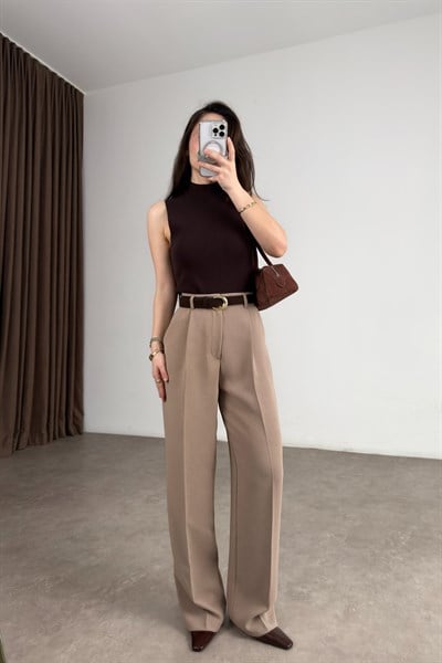 Premium Krep Kumaş Pensli Latte Palazzo Pantolon
