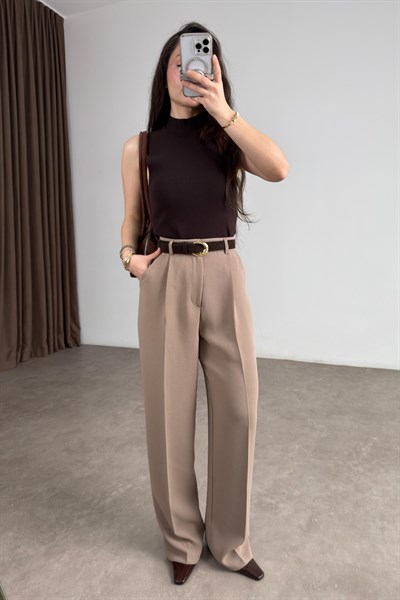 Premium Krep Kumaş Pensli Latte Palazzo Pantolon
