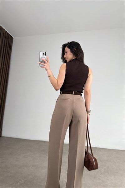 Premium Krep Kumaş Pensli Latte Palazzo Pantolon