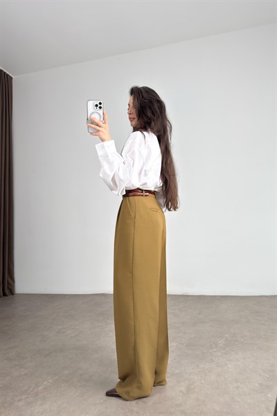 Premium Krep Kumaş Pensli Olive Palazzo Pantolon