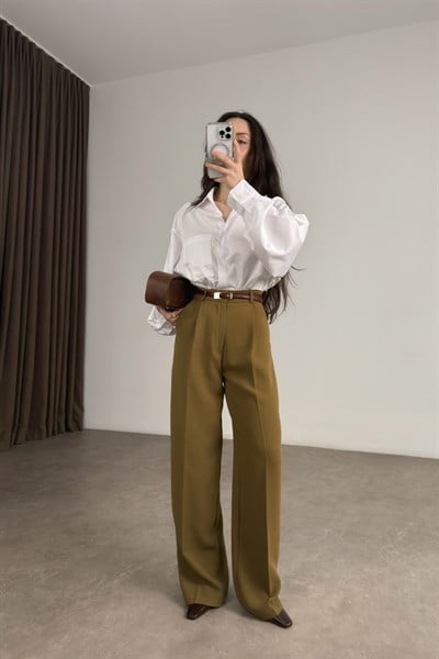 Premium Krep Kumaş Pensli Olive Palazzo Pantolon