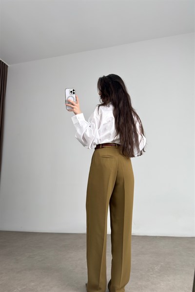 Premium Krep Kumaş Pensli Olive Palazzo Pantolon