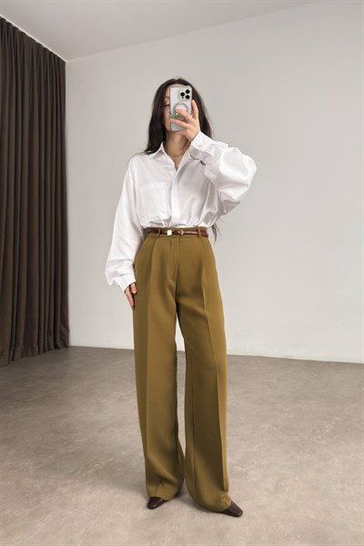 Premium Krep Kumaş Pensli Olive Palazzo Pantolon