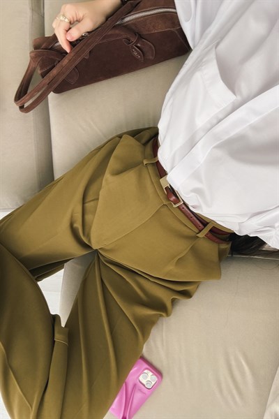 Premium Krep Kumaş Pensli Olive Palazzo Pantolon