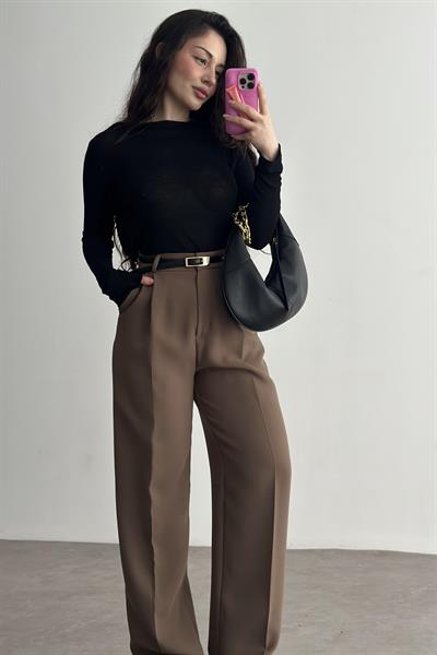 Premium Krep Kumaş Pensli Palazzo Pantolon Kahve