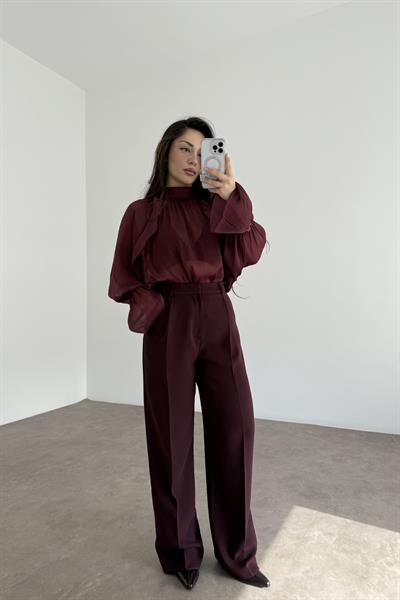 Premium Krep Kumaş Pensli Palazzo Pantolon Mürdüm