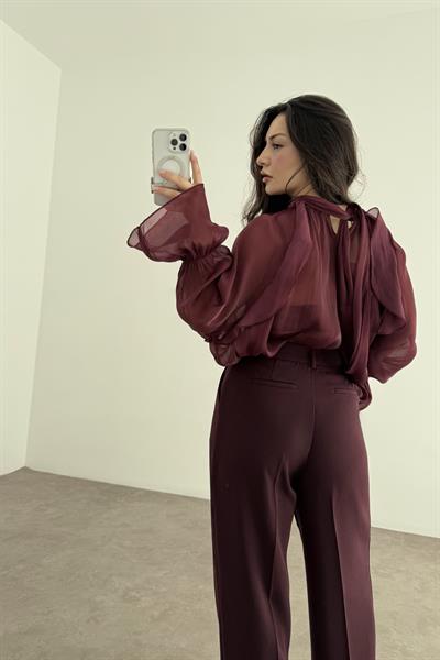 Premium Krep Kumaş Pensli Palazzo Pantolon Mürdüm