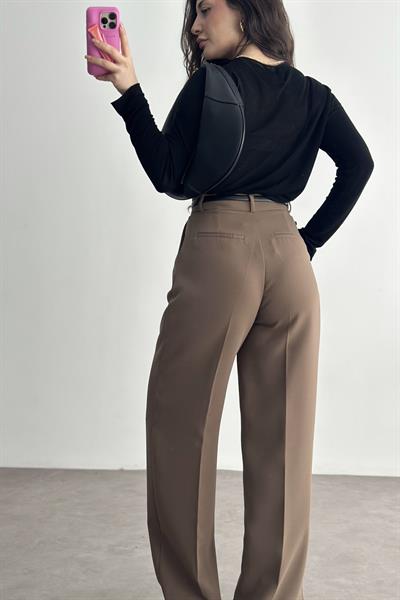 Premium Krep Kumaş Pensli Palazzo Pantolon Kahve