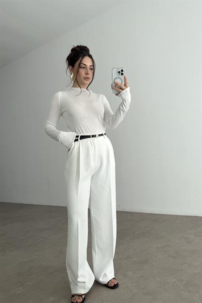 Premium Krep Kumaş Pensli Palazzo Pantolon Beyaz