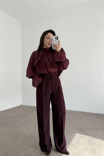 Premium Krep Kumaş Pensli Palazzo Pantolon Mürdüm