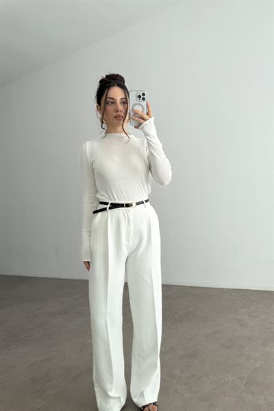 Premium Krep Kumaş Pensli Palazzo Pantolon Beyaz