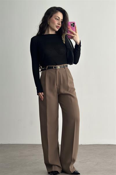 Premium Krep Kumaş Pensli Palazzo Pantolon Kahve