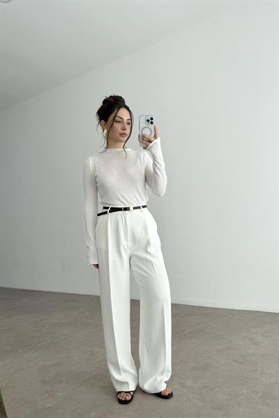 Premium Krep Kumaş Pensli Palazzo Pantolon Beyaz