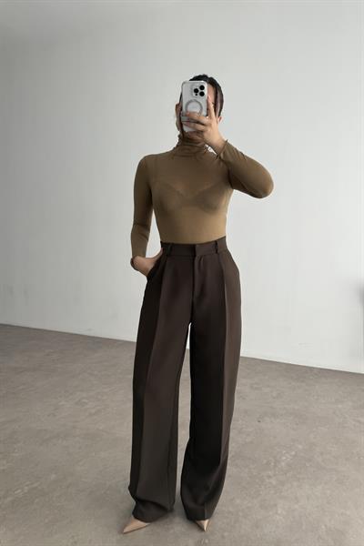 Premium Krep Kumaş Pensli Palazzo Pantolon Kahverengi