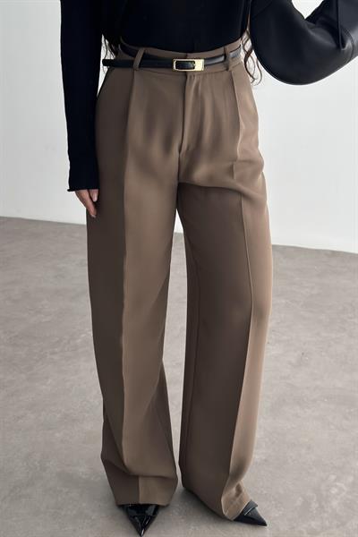 Premium Krep Kumaş Pensli Palazzo Pantolon Kahve