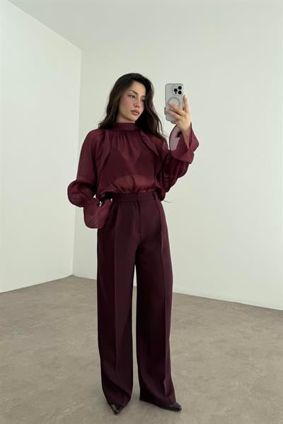 Premium Krep Kumaş Pensli Palazzo Pantolon Mürdüm