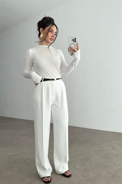 Premium Krep Kumaş Pensli Palazzo Pantolon Beyaz