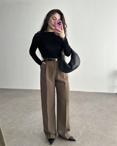 Premium Krep Kumaş Pensli Palazzo Pantolon Kahve