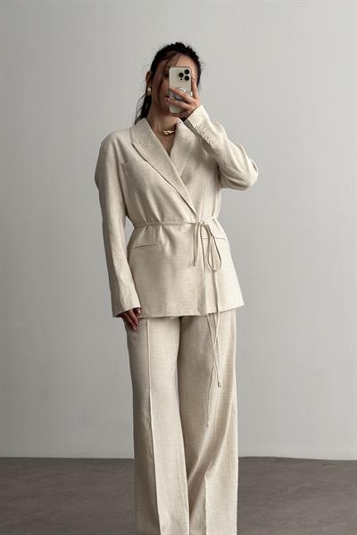Premium Kruvaze Bağlama Detaylı Ceket Pantolon Takım Ekru