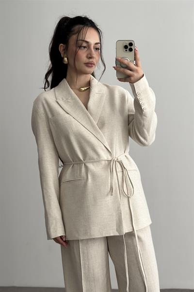 Premium Kruvaze Bağlama Detaylı Ceket Pantolon Takım Ekru