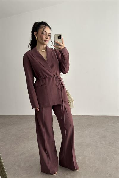 Premium Kruvaze Bağlama Detaylı Ceket Pantolon Takım Mürdüm