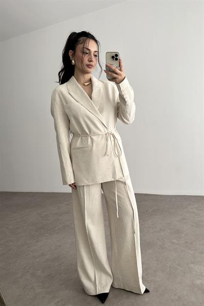 Premium Kruvaze Bağlama Detaylı Ceket Pantolon Takım Ekru