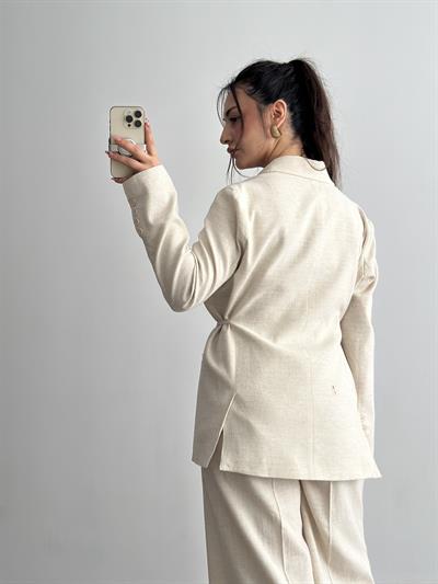 Premium Kruvaze Bağlama Detaylı Ceket Pantolon Takım Ekru