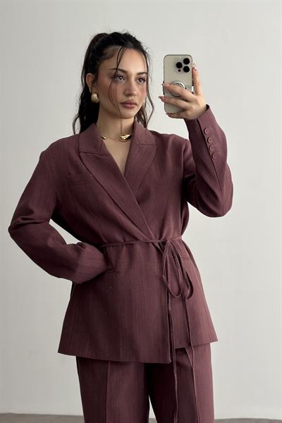 Premium Kruvaze Bağlama Detaylı Ceket Pantolon Takım Mürdüm