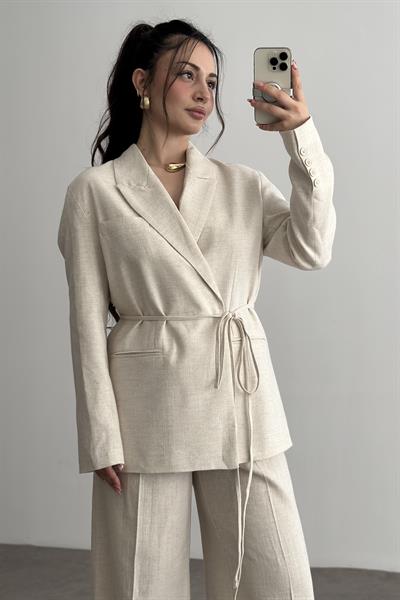 Premium Kruvaze Bağlama Detaylı Ceket Pantolon Takım Ekru