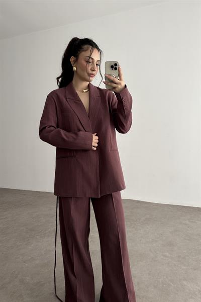 Premium Kruvaze Bağlama Detaylı Ceket Pantolon Takım Mürdüm