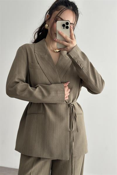 Premium Kruvaze Bağlama Detaylı Ceket Pantolon Takım Olive