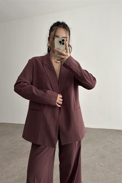 Premium Kruvaze Bağlama Detaylı Ceket Pantolon Takım Mürdüm