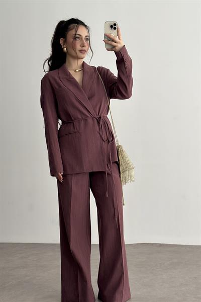 Premium Kruvaze Bağlama Detaylı Ceket Pantolon Takım Mürdüm