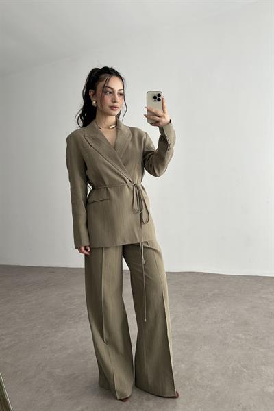 Premium Kruvaze Bağlama Detaylı Ceket Pantolon Takım Olive