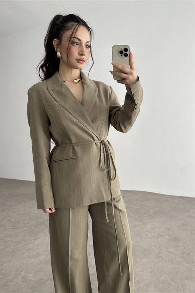 Premium Kruvaze Bağlama Detaylı Ceket Pantolon Takım Olive