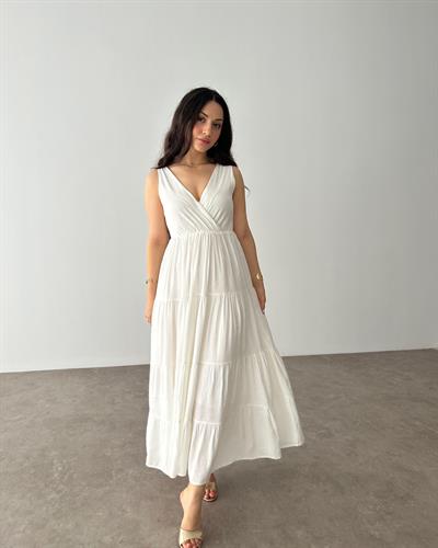 Premium Kruvaze Yaka Beyaz Uzun Elbise