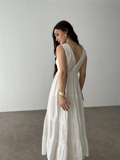 Premium Kruvaze Yaka Beyaz Uzun Elbise