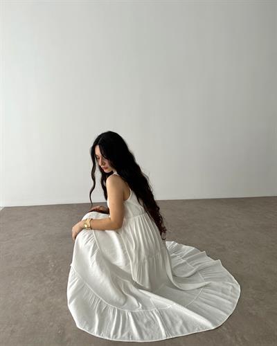 Premium Kruvaze Yaka Beyaz Uzun Elbise