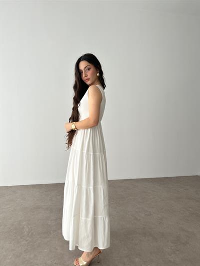 Premium Kruvaze Yaka Beyaz Uzun Elbise