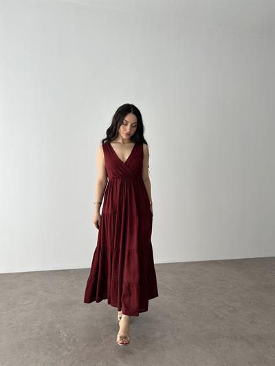 Premium Kruvaze Yaka Bordo Uzun Elbise