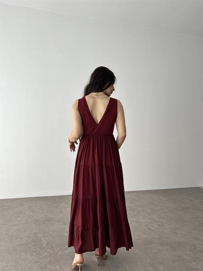 Premium Kruvaze Yaka Bordo Uzun Elbise