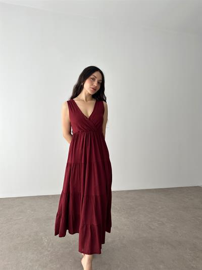 Premium Kruvaze Yaka Bordo Uzun Elbise