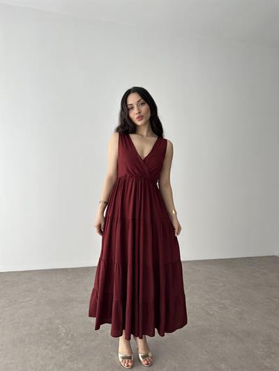 Premium Kruvaze Yaka Bordo Uzun Elbise